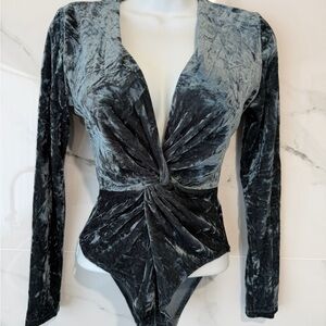 Elegant Black Velvet Twist Front Bodysuit